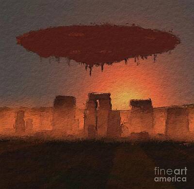 Science Fiction Paintings - UFO Stonehenge by Esoterica Art Agency