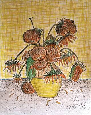Sunflowers Drawings - Vincents Wilted Sunflowers by Jose A Gonzalez Jr