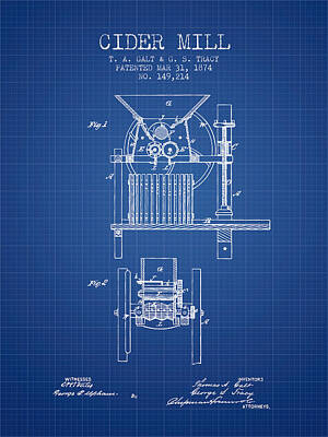 Wine Digital Art Royalty Free Images - 1874 Cider Mill Patent - Blueprint Royalty-Free Image by Aged Pixel