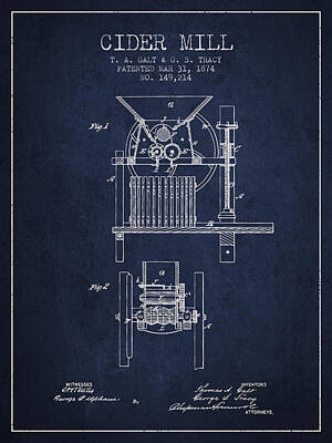 Wine Digital Art Royalty Free Images - 1874 Cider Mill Patent - Navy Blue Royalty-Free Image by Aged Pixel