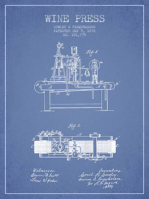 Food And Beverage Digital Art - 1876 Wine Press Patent - Light Blue by Aged Pixel