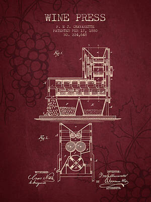 Wine Digital Art Royalty Free Images - 1880 Wine Press Patent - red wine Royalty-Free Image by Aged Pixel