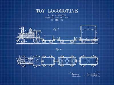 Transportation Digital Art - 1881 Toy Locomotive Patent - blueprint by Aged Pixel