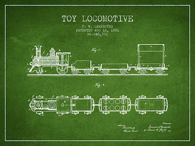 Transportation Digital Art Royalty Free Images - 1881 Toy Locomotive Patent - Green Royalty-Free Image by Aged Pixel