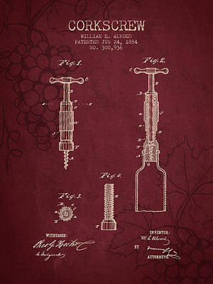 Wine Digital Art Royalty Free Images - 1884 Corkscrew patent - red wine Royalty-Free Image by Aged Pixel