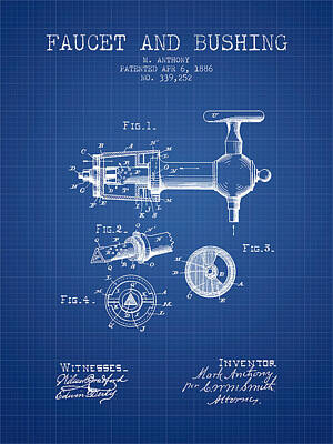 Lake Life - 1886 Faucet and bushing Patent - Blueprint by Aged Pixel