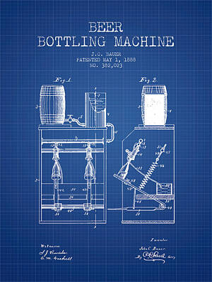 Wine Digital Art Royalty Free Images - 1888 Beer Bottling Machine patent - Blueprint Royalty-Free Image by Aged Pixel