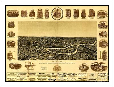 Cities Drawings - 1892 Dallas Texas Panoramic Map with Border and Brewery by Peter Ogden