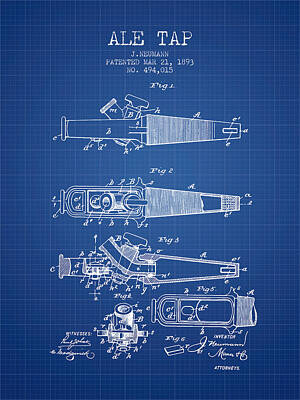 Beer Royalty-Free and Rights-Managed Images - 1893 Ale Tap Patent - Blueprint by Aged Pixel