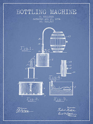 Wine Digital Art Royalty Free Images - 1894 Bottling Machine patent - light Blue Royalty-Free Image by Aged Pixel