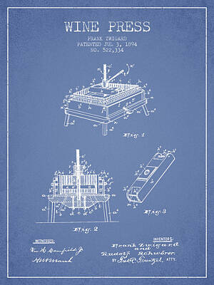 Food And Beverage Digital Art - 1894 Wine Press Patent - light blue by Aged Pixel