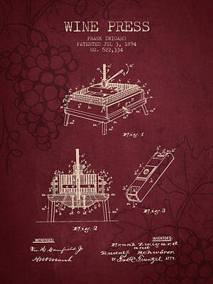 Wine Digital Art Royalty Free Images - 1894 Wine Press Patent - red wine Royalty-Free Image by Aged Pixel