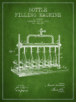 Beer Royalty-Free and Rights-Managed Images - 1903 Bottle Filling Machine patent - green by Aged Pixel