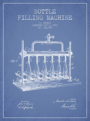 Beer Royalty-Free and Rights-Managed Images - 1903 Bottle Filling Machine patent - light blue by Aged Pixel