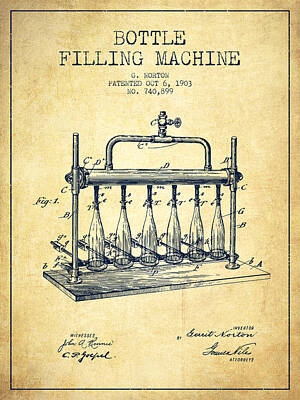 Food And Beverage Royalty-Free and Rights-Managed Images - 1903 Bottle Filling Machine patent - vintage by Aged Pixel