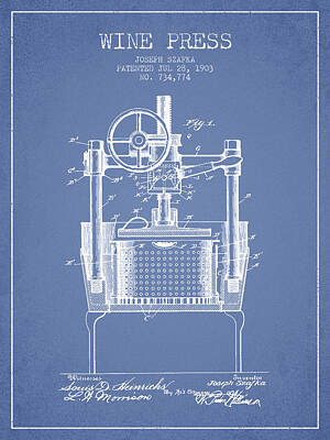 Wine Digital Art Royalty Free Images - 1903 Wine Press Patent - light blue Royalty-Free Image by Aged Pixel