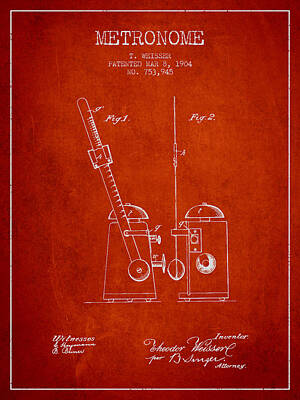Musician Digital Art - 1904 Metronome Patent - red by Aged Pixel