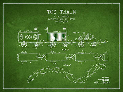Transportation Digital Art Rights Managed Images - 1907 Toy Train Patent - Green Royalty-Free Image by Aged Pixel