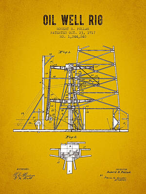 Cities Royalty Free Images - 1917 Oil Well Rig Patent - Yellow Brown Royalty-Free Image by Aged Pixel