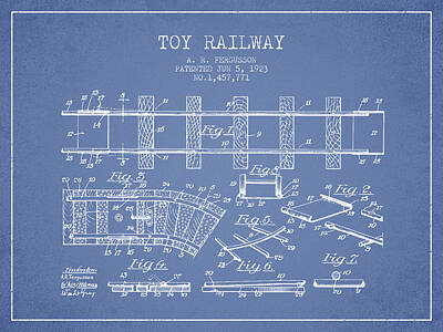 Transportation Digital Art Royalty Free Images - 1923 Toy Railway Patent - Light Blue Royalty-Free Image by Aged Pixel