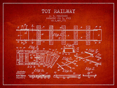 Transportation Digital Art Royalty Free Images - 1923 Toy Railway Patent - Red Royalty-Free Image by Aged Pixel