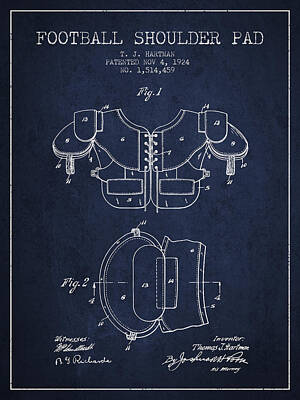 Football Royalty-Free and Rights-Managed Images - 1924 Football Shoulder Pad Patent - Navy Blue by Aged Pixel