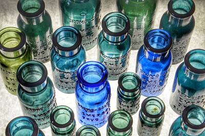 Steampunk Photos - Bromo Seltzer Vintage Glass Bottles Collection - Rare Greens by Marianna Mills
