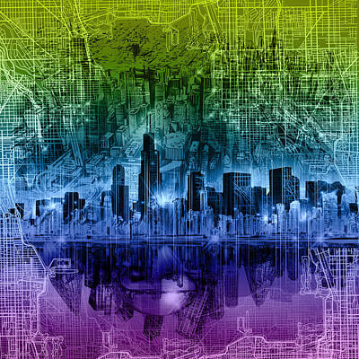 Best Sellers - Abstract Skyline Paintings - Chicago Skyline Abstract by Bekim M
