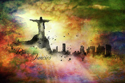 Skylines Paintings - City skyline Rio de janeiro by Lilia S