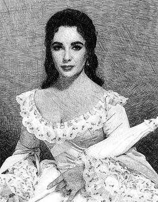 Actors Drawings Royalty Free Images - Elizabeth Taylor, Vintage Actress by JS Royalty-Free Image by Esoterica Art Agency