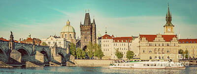 Transportation Royalty-Free and Rights-Managed Images - Prague, Czech Republic. Charles Bridge, boat cruise on Vltava river. Vintage by Michal Bednarek