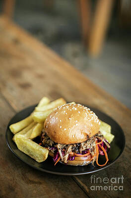 Andy Fisher Test Collection - Pulled Pork And Coleslaw Salad Burger Sandwich With Fries Meal by JM Travel Photography