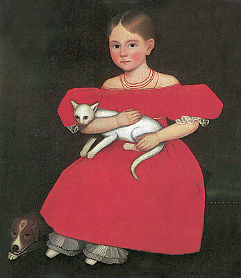 Recently Sold - Animals Rights Managed Images - Girl in Red with Her Cat and Dog Royalty-Free Image by Ammi Phillip