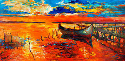 Abstract Landscape Paintings - Boats and pier  by Boyan Dimitrov
