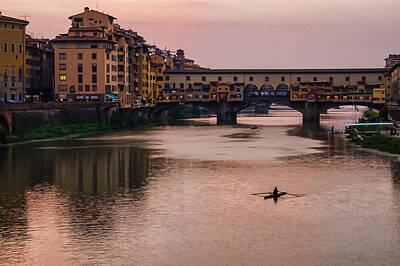 Cities Digital Art Royalty Free Images - Impressions Of Florence - Ponte Vecchio Rowing In Rose Quartz Pink Royalty-Free Image by Georgia Mizuleva