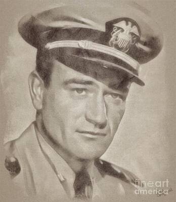 Musicians Drawings Royalty Free Images - John Wayne Hollywood Actor Royalty-Free Image by Esoterica Art Agency