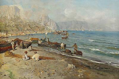 War Ships And Watercraft Posters - Southern European scene with fishermen by MotionAge Designs