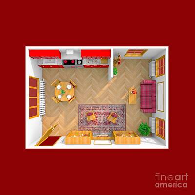 Pool Hall - 3d Rendering Of Furnished Domestic Kitchen 2107 by Massimiliano 