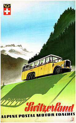Mountain Mixed Media - Switzerland Alpine Coaches Vintage Travel Poster by Vintage Treasure