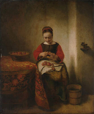 Monochrome Landscapes - Young Woman Peeling Apples by Nicolaes Maes