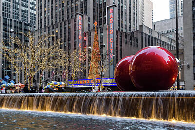 Cowboy - A Christmas Card from New York City - Two Giant Red Balls and Radio City Music Hall by Georgia Mizuleva