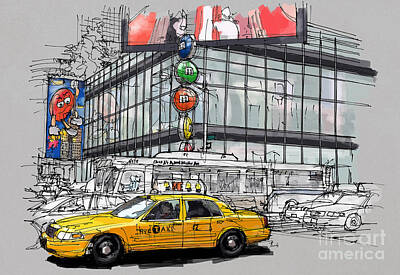 City Scenes Royalty-Free and Rights-Managed Images - A corner in New York city and a yellow cab by Drawspots Illustrations