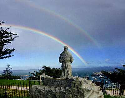 Surrealism - A double rainbow over the  Serra statue at Lower Presidio of Monterey 2018 by Monterey County Historical Society