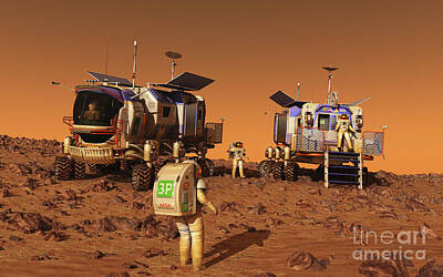Science Fiction Digital Art - A Pair Of Manned Mars Rovers Rendezvous by Walter Myers