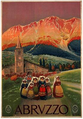 Royalty-Free and Rights-Managed Images - Abruzzo, Italy - Church, Mountains - Retro travel Poster - Vintage Poster by Studio Grafiikka