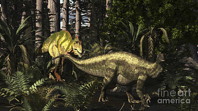 Food And Beverage Digital Art - Acrocanthosaurus Hunting Tenontosaurus by Arthur Dorety