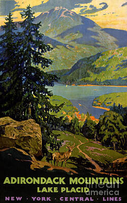 Mountain Paintings - Adirondack Mountains Lake Placid Vintage Poster Restored by Vintage Treasure
