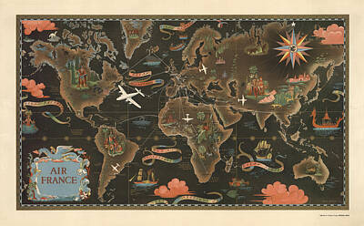Mixed Media - Air France - Historical Illustrated Map of the World - Pictorial Map - Cartography by Studio Grafiikka