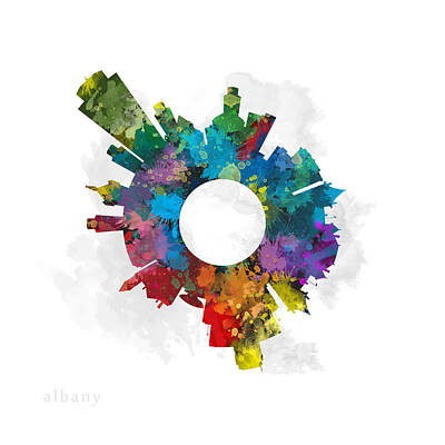 Colorful Button - Albany Small World Cityscape Skyline Colors by Jurq Studio