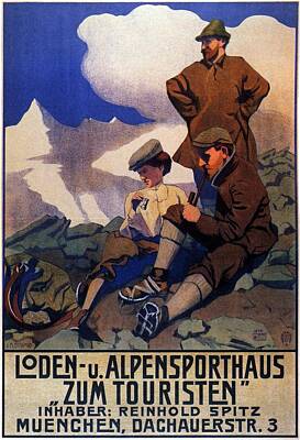 Royalty-Free and Rights-Managed Images - Alpensporthaus Zum Touristen - Munchen - Vintage German Advertisement by Studio Grafiikka